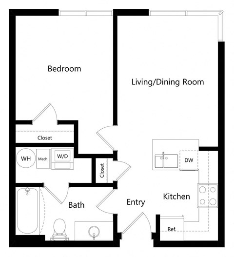 Floor plan for 1 bed, 1 bath, 602 sqft